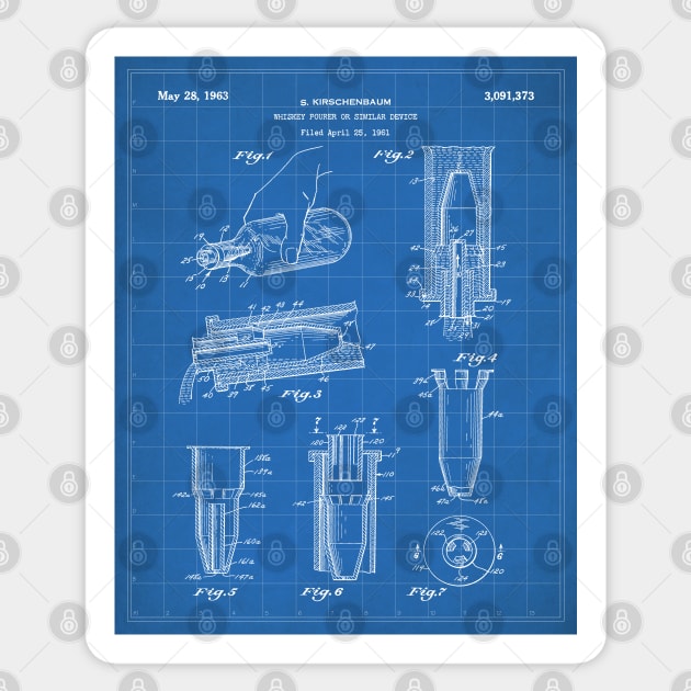 Whisky Pourer Patent - Whisky Art - Blueprint Sticker by patentpress